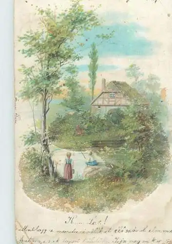 Postcard picturesque scenery illustration young boy and girl fishing near house
