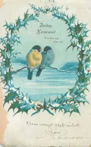 Postcard Merry Christmas greetings bird pair on branch winter day