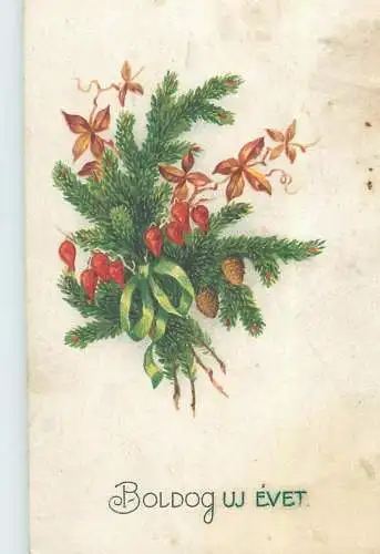 Postcard Happy New Year greetings decorated fir tree