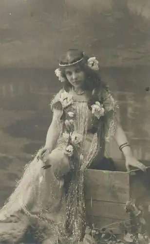 Postcard elegant flower decorated dress charming, beautiful young woman