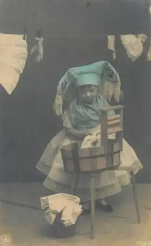 Postcard real photo social history young girl adult like laundry woman ethnic types and scenes traditional folk costume