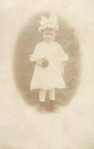 Postcard real photo social history fancy ribbon little girl white dress