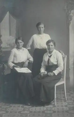Postcard real photo social history book reading women friends group picture