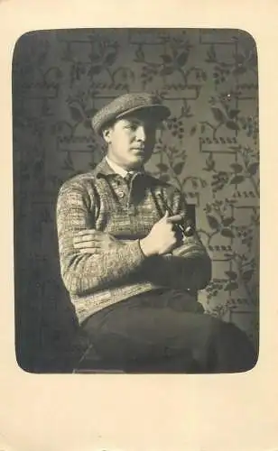 Postcard real photo social history pipe smoking elegant young men