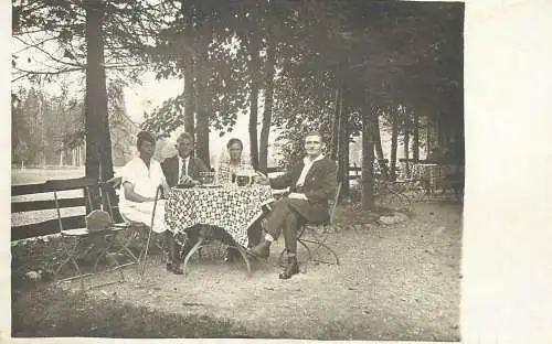 Postcard real photo social history leisure friends at the table outdoor scenery group picture