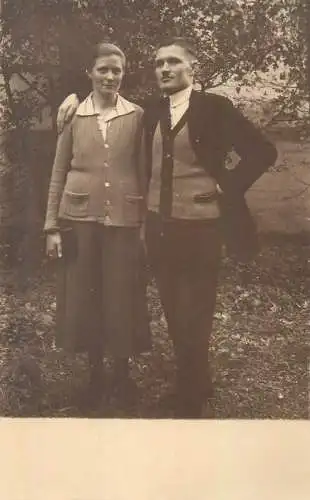 Postcard real photo social history elegant, charming couple forest scenery