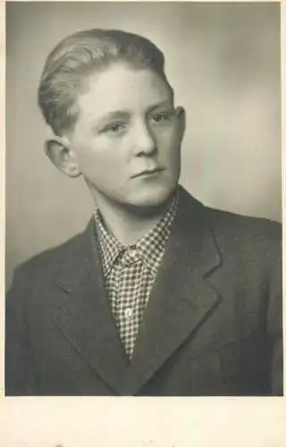Postcard real photo social history elegant costume young boy portrait Augsburg Photohaus Ertl am Perlach