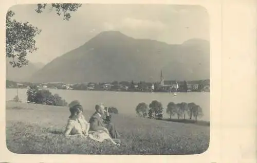 Postcard real photo lovers couple on river shore bank nature outing cityscape view