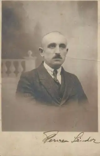 Postcard real photo person to identify signed picture elegant costume man moustache