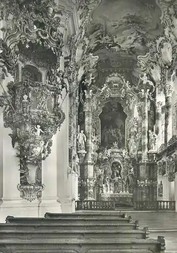 Postcard Germany Die Wies Steingaden Wallfahrtskirche des ehem. Pramonstratenser- Klosters Kanzel u. Hochaltar Inneres