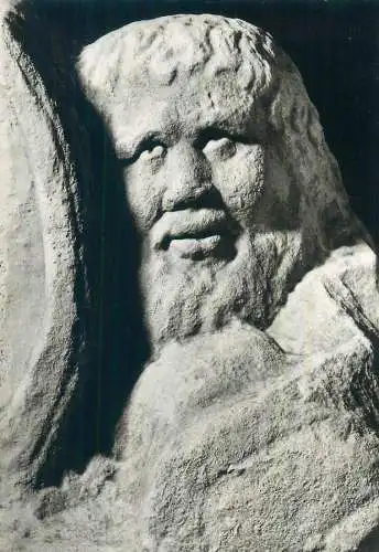 Postcard The merry helmsman stone monument in the form of a wine ship detail view
