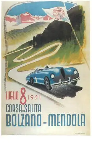 Dalkeith`s classic poster advertising postcard Italy 1951 F. Lenhart Luglio corsa in Salita Bolzano Mendola