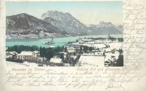 Gmunden im Winter Schloss Ort und Traunsee 1900