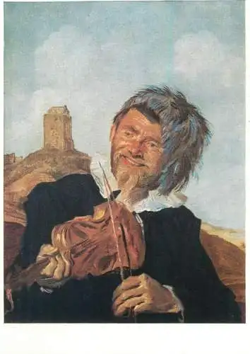 Postcard Fisherman playing the violin on the beach at Zandvoort Frans Hals painting