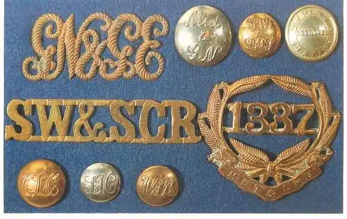 Dalkeith Publishing railway related classic poster postcard Some badges buttons used by Nine Joint Railways Stations