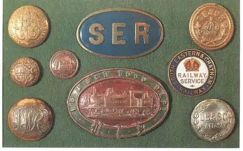 Dalkeith Publishing railway related classic poster postcard Some badges buttons used by Five Pre-group Railway companies