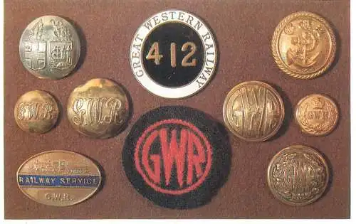 Dalkeith Publishing railway related classic poster postcard Some badges buttons used by The Great Western Railway