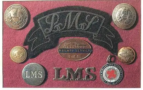 Dalkeith Publishing railway related classic poster postcard Some badges buttons used by London Midland Scottish Railway