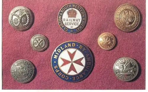 Dalkeith Publishing railway related classic poster postcard Some badges buttons used by Pre-group Railway companies