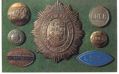Dalkeith Publishing railway related classic poster postcard Some badges buttons used by London North Eastern Railway