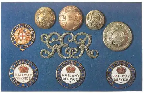 Dalkeith Publishing railway related classic poster postcard Some badges buttons used by five companies