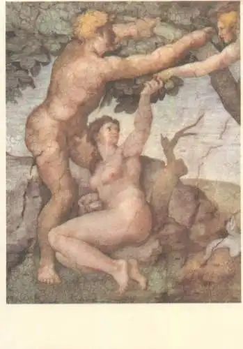 Nude in art postcard Michelangelo Buonarroti Sundenfall Aus der Decke der Sixtinschen Kapelle fresco Rome Vatican