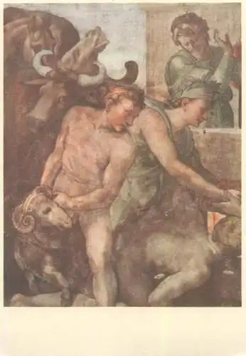 Nude in art postcard Michelangelo Buonarroti Figuerengruppe mit Opfertieren fresco Rome Vatican