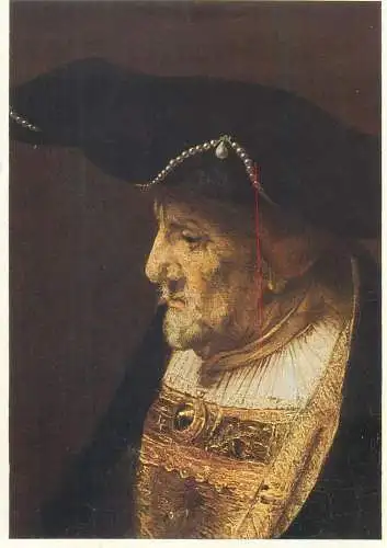 Postcard old man with a hat of pearls Rembrandt painting