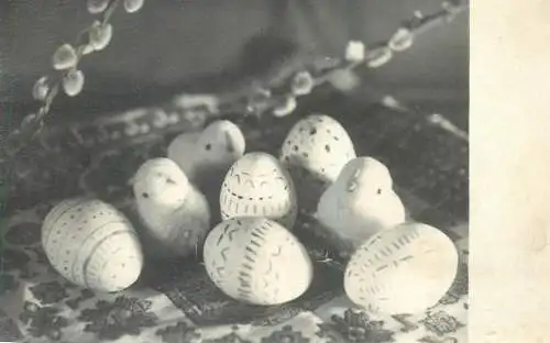 Postcard painted Easter eggs chicken toys blossom willow branch