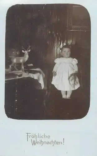 Postcard Children portraits & family group cute little girl miniature porcelain stag ornament Frohliche Weihnachten