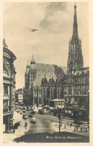 Wien Stock im Eisenplatz surface transport & plane in flight postcard c.1941