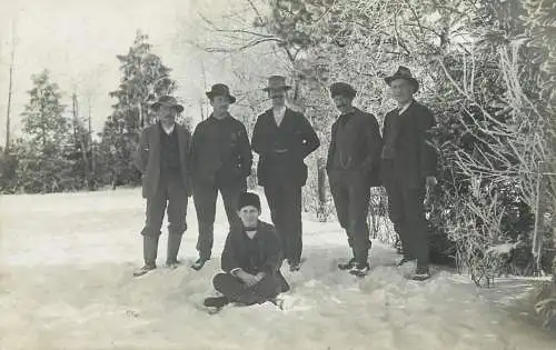 young men group photo winter scenery types and scenes Postcard real photo social history