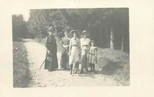 elegant ladies, young girl with dog in the park group picture types and scenes Postcard real photo social history