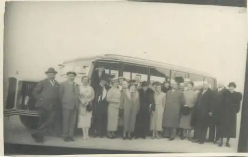 bus tourists types and scenes group picture Postcard real photo social history