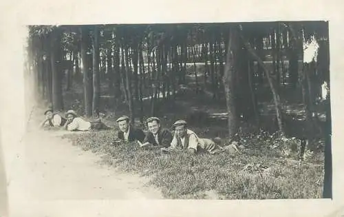 Post card memory young men on the side of the road reading group picture funny real photo social history