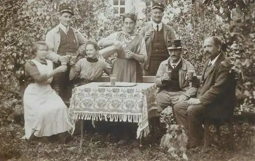 Post card memory soldier types with their ladies outdoor scenery real photo social history