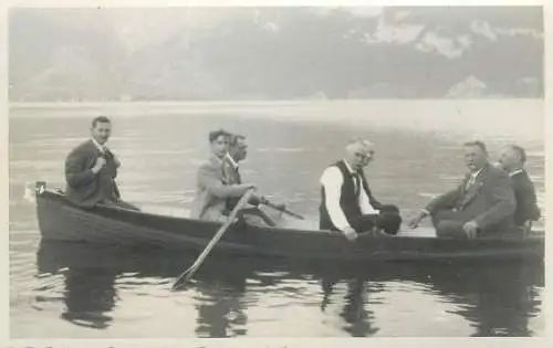 Post card memory rowing boat elegant men types and scenes real photo social history