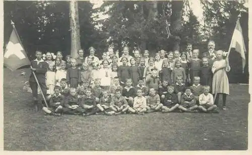 real photo social history Postcard school children types and scenes camp group picture Swiss flag