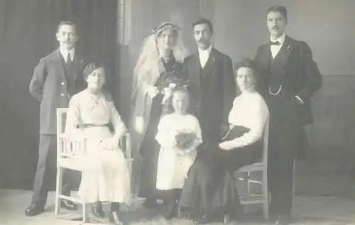 real photo social history memory Postcard bride and groom wedding types and scenes family group picture