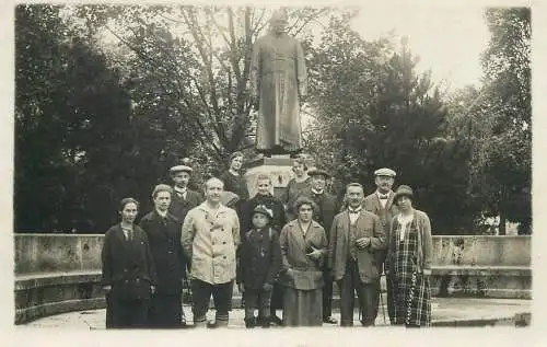 real photo social history memory 1925 Postcard types and scenes men and women group picture statue monument