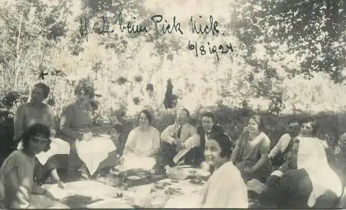 real photo social history memory 1924 Postcard women and men friend picnic in the forest group picture