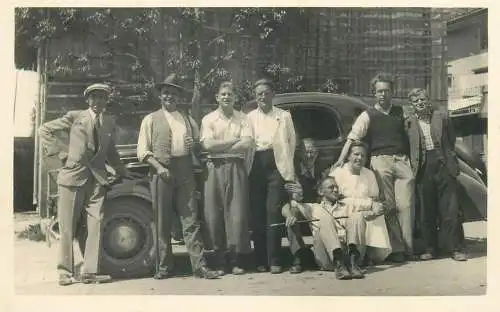 real photo social history memory Postcard elegant gentlemen group photo with old car