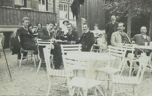 real photo social history memory Postcard elegant costumes gentlemen social gathering group photo
