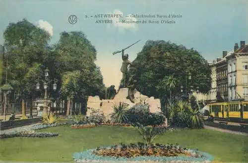 cpa Belgique Anvers monument du Baron d` Hanis tram