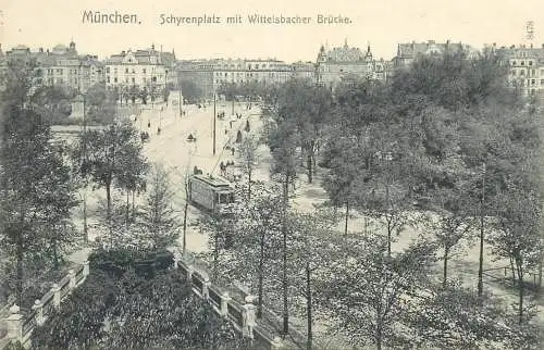 Muenchen AK tram Schyrenplatz mit Wittelsbacher Brucke