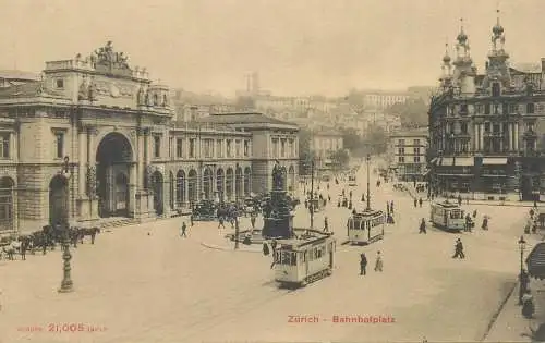 Zurich Bahnhofplatz railway station tramway Monopol Postkarte