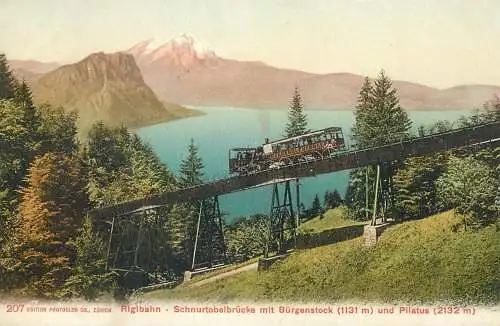 Rigibahn Schnurtobelbrucke mit Burgenstock und Pilatus railway