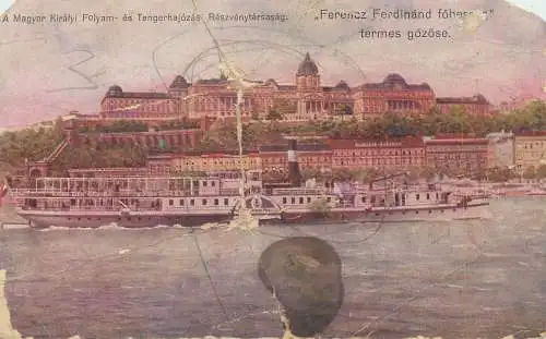 Budapest 1915 Danube navigation steamer ship ( damaged postcard )