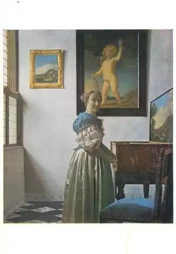 Paintings postcard Ian Vermeer van Delft a young woman standing at a Virginal