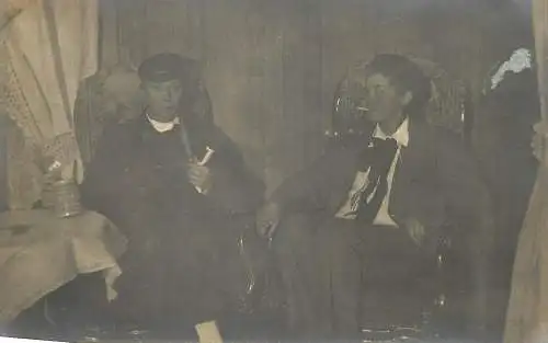 Halloween typical costumes man with beer mug & pipe lady smoking cigarette social history real photo memory postcard